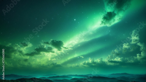 Green and Blue Sky With Clouds and Stars