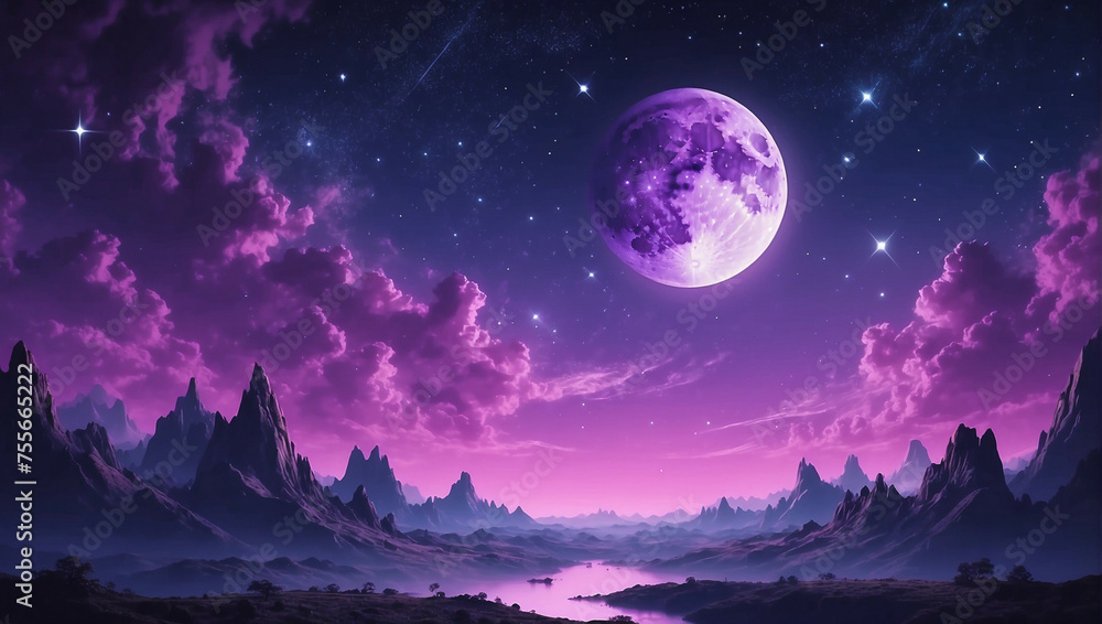 Purple Sky With Mountains and Moon Purple Sky With Mountains and Moon