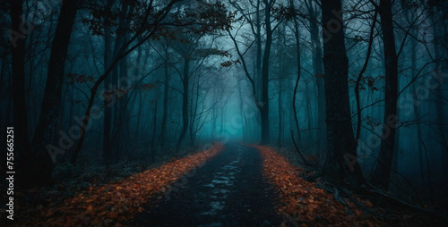 Moonlit Path Through Foggy Forest at Night
