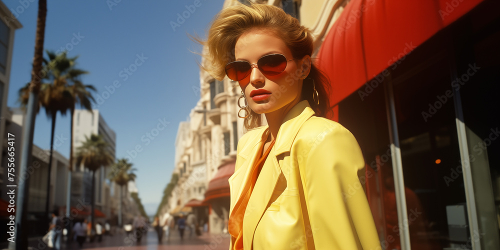 Chic Woman in Yellow Blazer and Red Sunglasses on the Promenade