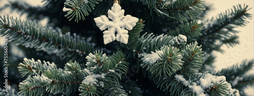 Snowflake Ornament Hanging From Pine Tree