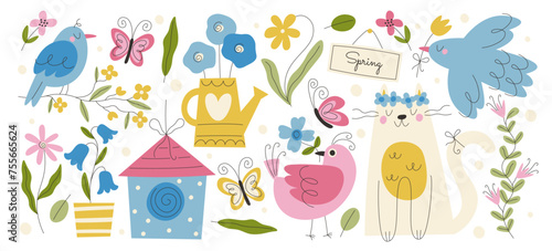 Hand drawn cute cat, birds and butterflies with spring flowers doodle design vector illustration