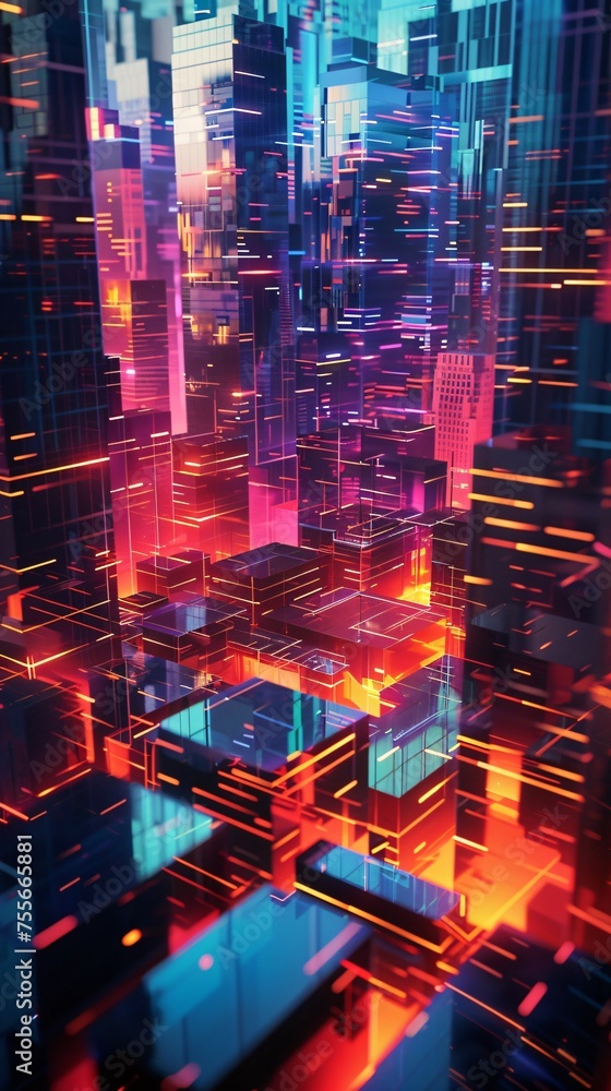 An abstract portrayal of a cityscape at night where buildings are made of colorful glowing geometric shapes