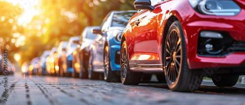 cars parked on the street at sunset