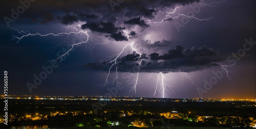 Nighttime Lightning Display Over Urban Landscape