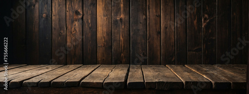 Old Wooden Table With Rustic Plank Wall Backdrop in Dim Light © @uniturehd