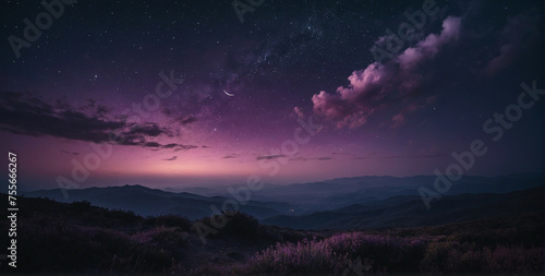Purple Sky With Clouds and Stars Above Mountain Range © @uniturehd