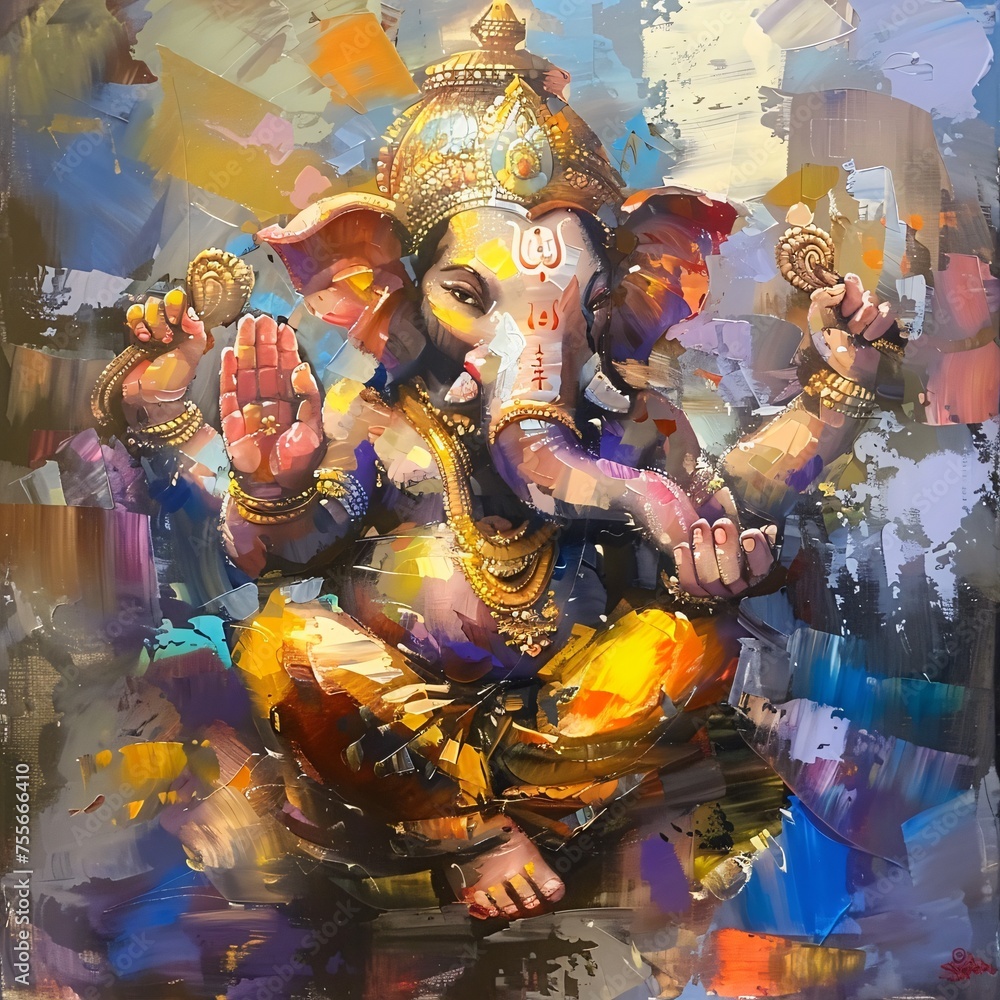 An impressionist painting of Lord Ganesha capturing the essence of his form and energy through loose brushwork and vibrant light