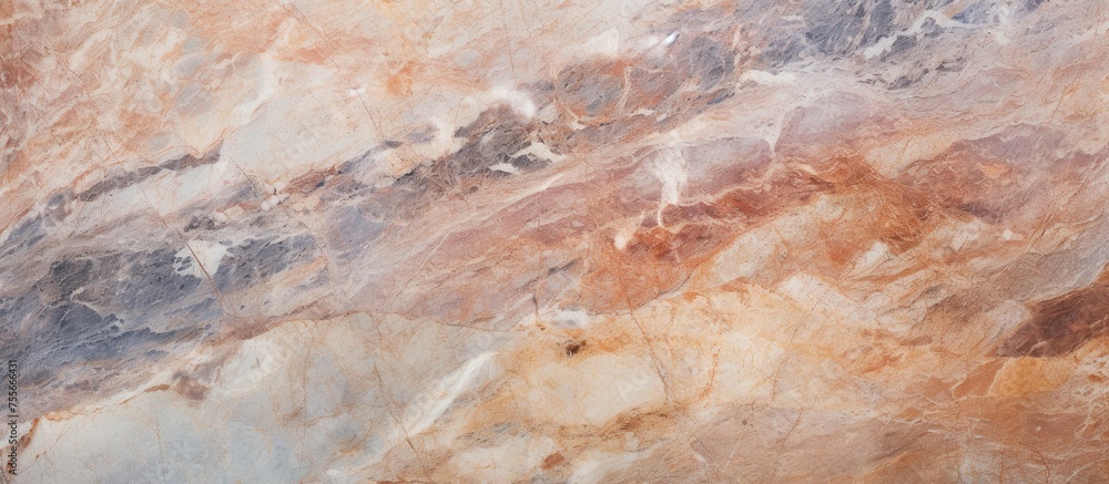 Naklejka premium This close-up view showcases the intricate patterns and texture of a rustic marble surface, featuring Italian granite marble stone. The surface is suitable for interior and exterior home decoration