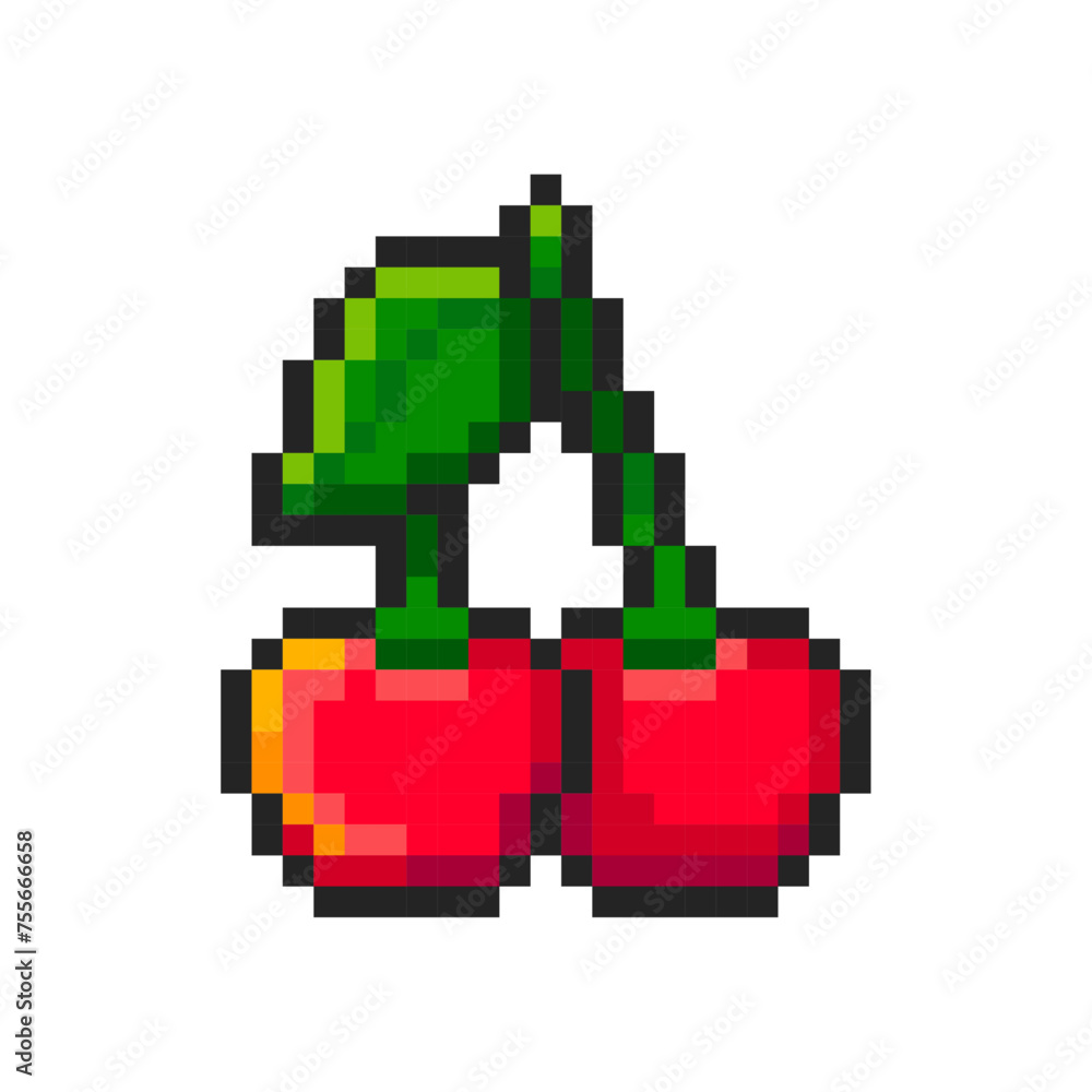 Obraz premium Pixel cherry isolated on white background. Pixelated sticker. Slot machine or video game item. Fruit icon. Vector pixel art illustration in 8 bit old style.