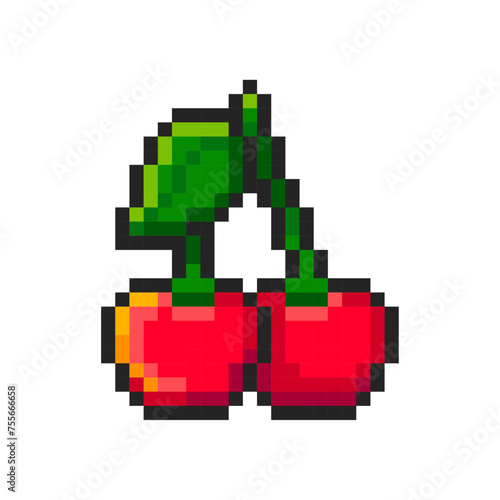 Pixel cherry isolated on white background. Pixelated sticker. Slot machine or video game item. Fruit icon. Vector pixel art illustration in 8 bit old style.