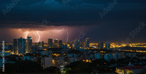 Lightning Bolt Illuminating City Skyline at Night