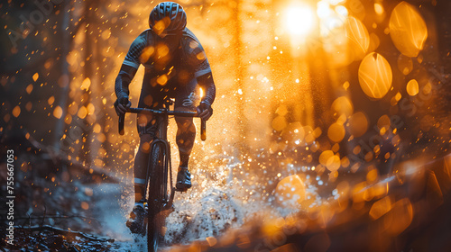Action movement photo, a male cycling energetic cyclist, natural sunlight pouring in