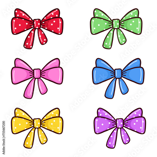 Hand drawn colorful doodle present bows set