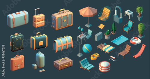 Isometric Collection of Travel and Vacation Elements Including Various Styles of Suitcases and Pool photo