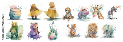 Whimsical Watercolor Animal Collection: Artistic and Colorful Renderings of Various Animals in Different Poses