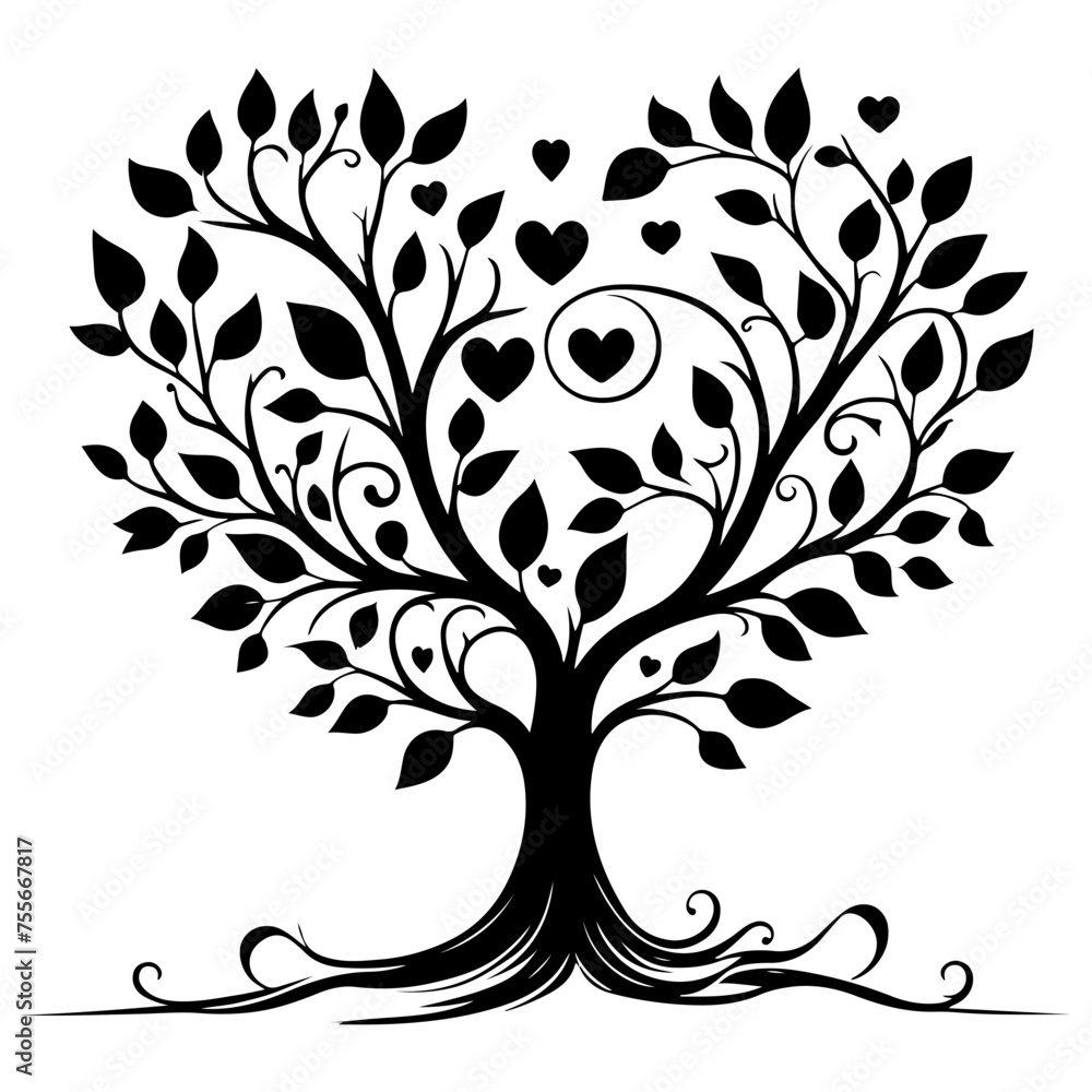 Black love tree with heart leaves. hand draw Valentine tree silhouette clip art isolated on white background, vector illustration Black love tree with heart leaves. hand draw Valentine tree silhouette clip art isolated on white background, vector illustration