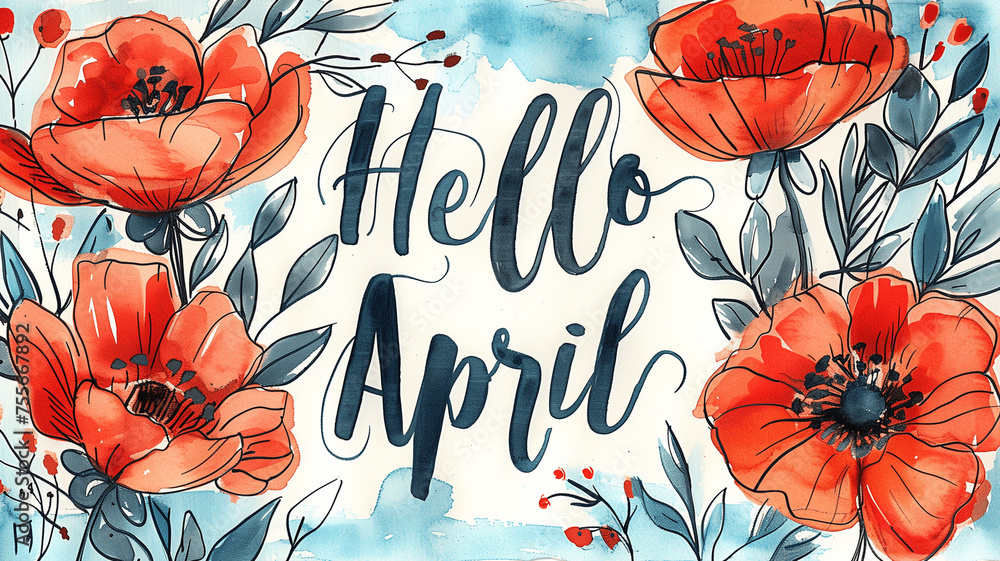 Frühlingsgruß im April: Lebhafte Blüten und kalligrafischer Schriftzug - obrazy, fototapety, plakaty 