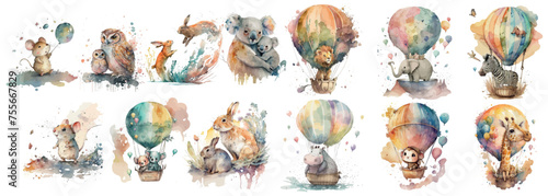 Whimsical Watercolor Illustrations of Cute Animals in Hot Air Balloons, Expressing Freedom and Adventure
