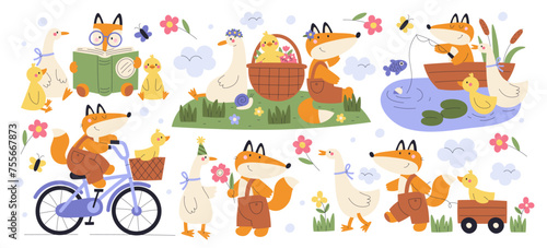 Cute fox and goose friends cartoon characters spending fun time together vector illustration