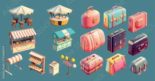 Colorful Vector Illustration of Various Market Stalls and Vintage Suitcases, Perfect for Travel and Shopping