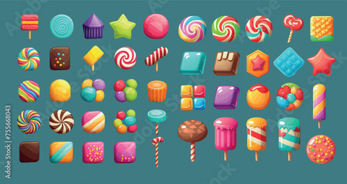 Colorful Assortment of Delicious Candies and Sweets: A Collection of Various Tasty Treats Perfect for Children’s Illustrations, Game