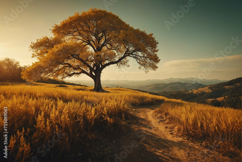 Lone Tree Standing in Tall Grass Field photo