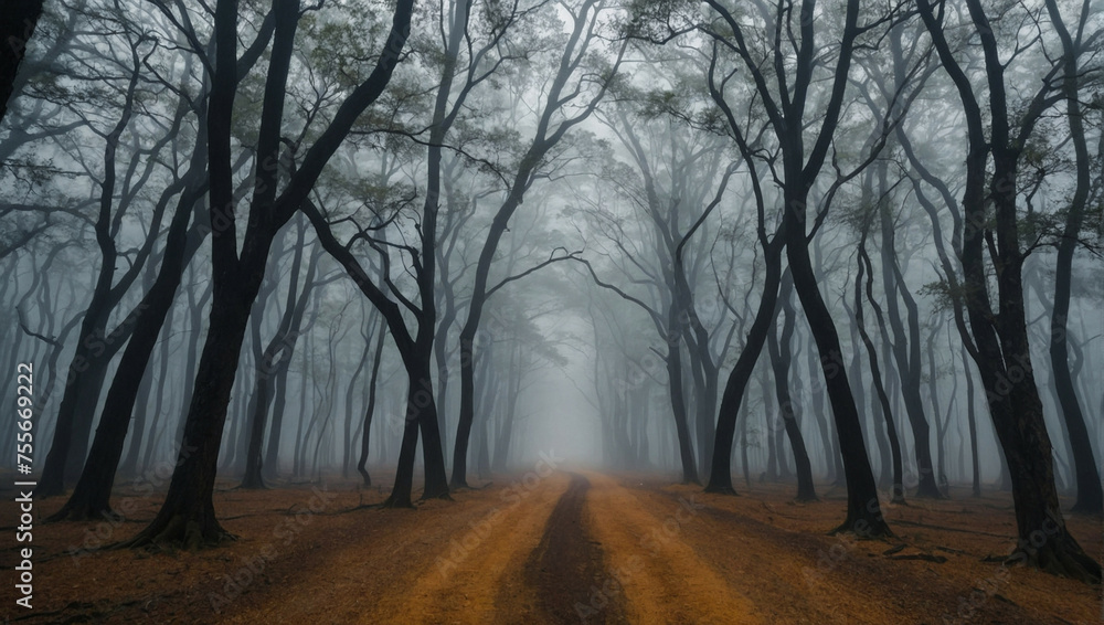 Misty Forest Path Shrouded in Fog at Dawn