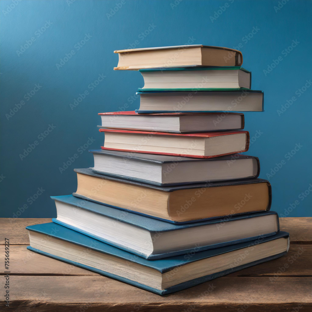 stack of books with empty space on a plain blue background, Generative AI stack of books with empty space on a plain blue background, Generative AI