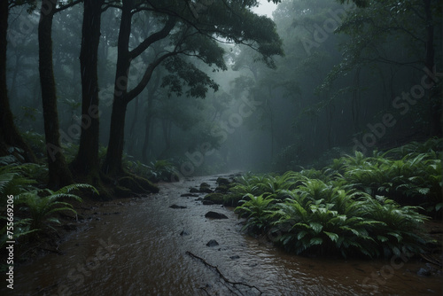Serene Rainy Day in a Lush Forest