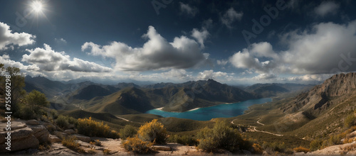 Panoramic View of a Lake and Mountains