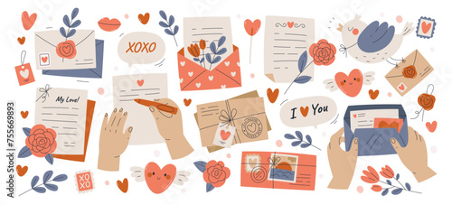 Hand writing romantic love letters and sending, craft postal envelopes with post cards and messages