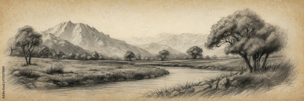 Pencil Drawing of a River and Mountains Pencil Drawing of a River and Mountains