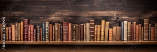 Wood texture background with retro books. Wide format banner