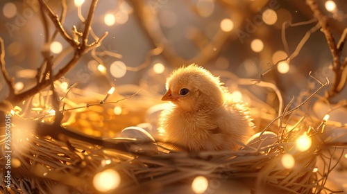 Cute 3D chicken and its eggs in a nest designed with soft textures and warm lighting creating a serene and inviting atmosphere
