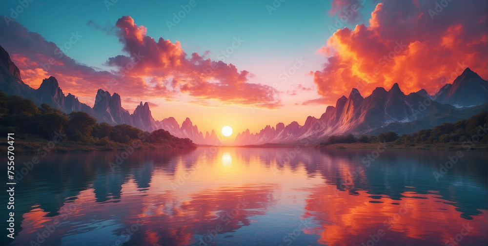 Majestic Sunset Over Mountain Lake