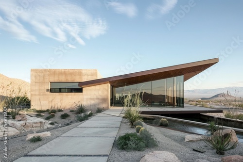 Facade of modern house in the desert, architecture concept.