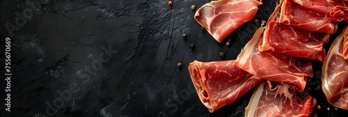 This top view image features Jamn Ibrico, a premium Spanish delicacy, on a black background The dry-cured ham from black Iberian pigs is artfully arranged photo