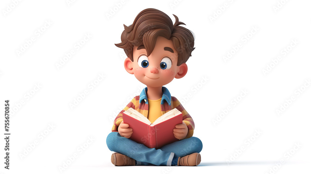 Cute 3D cartoon character boy reading a book. Reading learning homeschooling home education illiteracy campaign banner Cute 3D cartoon character boy reading a book. Reading learning homeschooling home education illiteracy campaign banner
