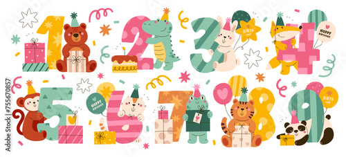 Fototapeta Naklejka Na Ścianę i Meble -  Birthday numbers and animals wearing festive caps holding gifts and balloons vector illustration