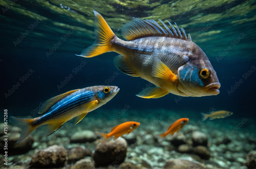 A Group of Fish Swimming in the Ocean A Group of Fish Swimming in the Ocean