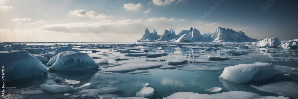Group of Icebergs Floating on Body of Water Group of Icebergs Floating on Body of Water