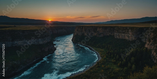 Sunset Over a Serene River Gorge Surrounded by Cliffs
