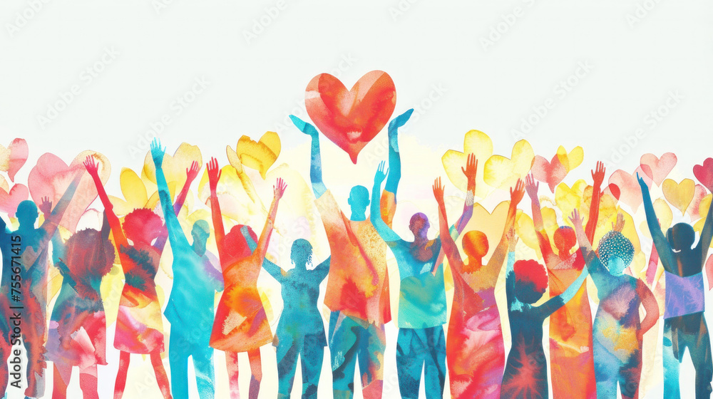 Watercolor illustration of a large group of people raising their hands up towards a big heart. Charitable assistance and volunteer activities. Support and assistance, Multicultural community - obrazy, fototapety, plakaty 