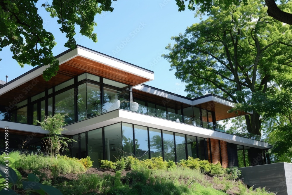 Modern house facade on a hill in the forest, architecture concept.