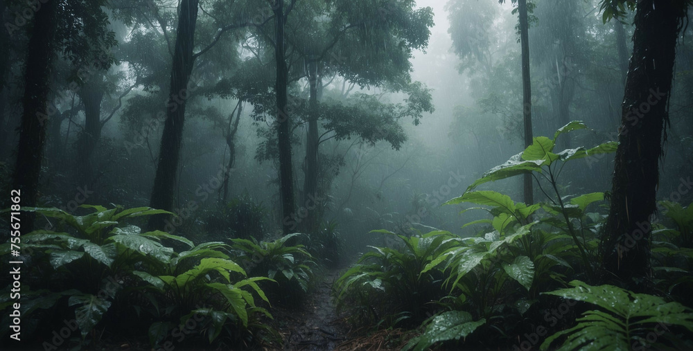 Misty Rainfall In A Lush Green Forest During Early Morning Hours