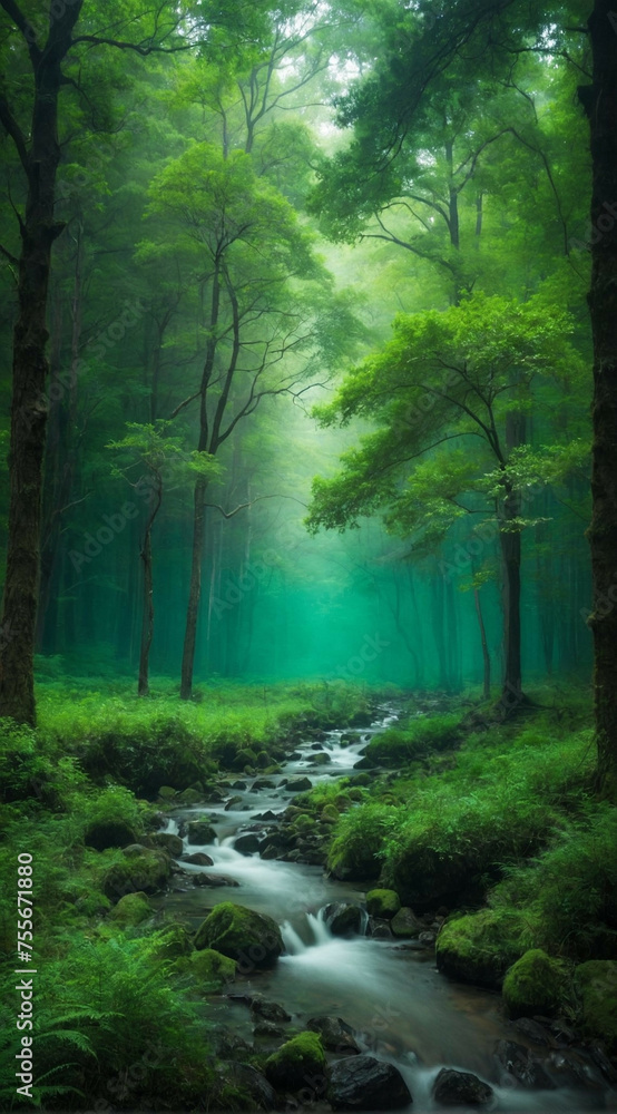 Obraz premium A Stream Flowing Through a Lush Green Forest