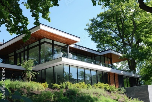 Modern house facade on a hill in the forest  architecture concept.
