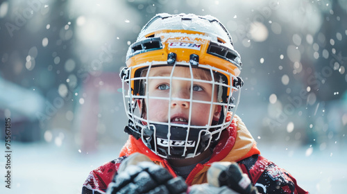 Portrait of boy hockey player wearing sportwear and helmet. Young male sportsman. Children's hockey club player in sport equipment.