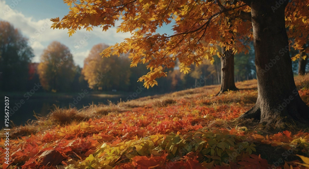 Fototapeta premium Tranquil Autumn Scene With Golden Leaves